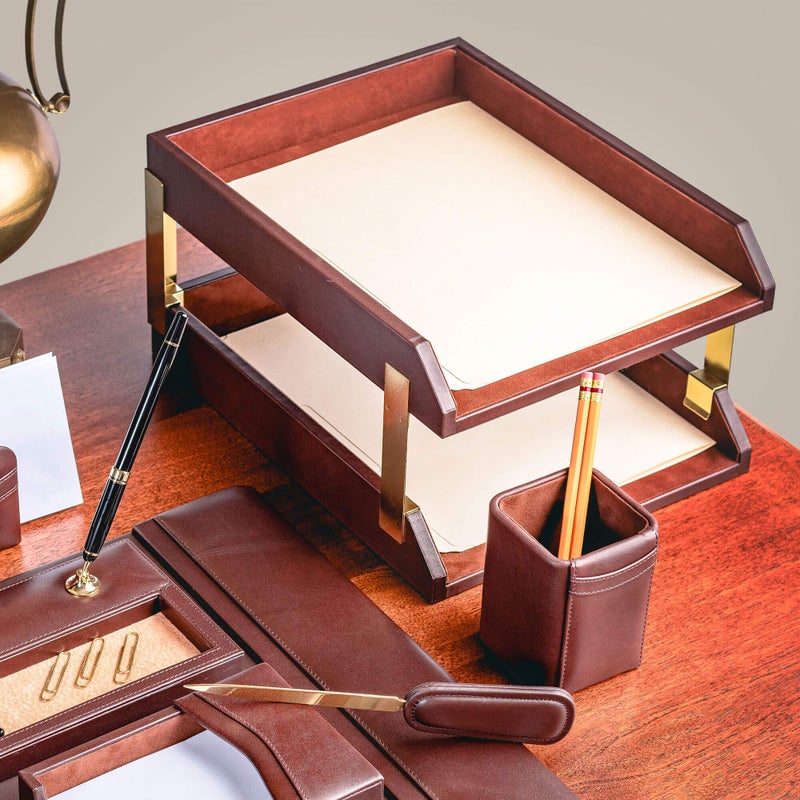 Dacasso Leather Double Letter Trays, Chocolate Brown (A3420) - Image 5